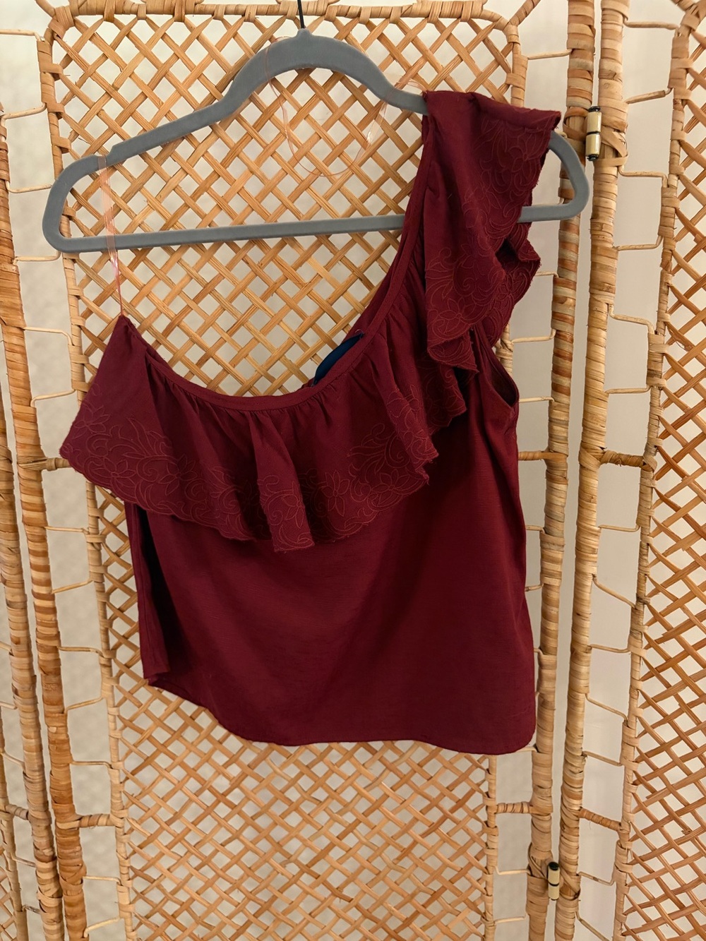 Blue Rain One-Shoulder Ruffle Camisole - Burgundy - Picture 5 of 6